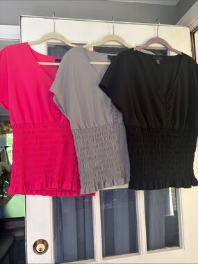 Apostrophe Trio Smocked V-Neck Blouse in Hot Pink, Gray, and Black